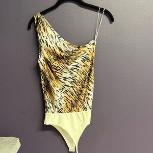 CAMI SILK One-Shoulder Tiger-Print Bodysuit in Cream, Brown, and Black